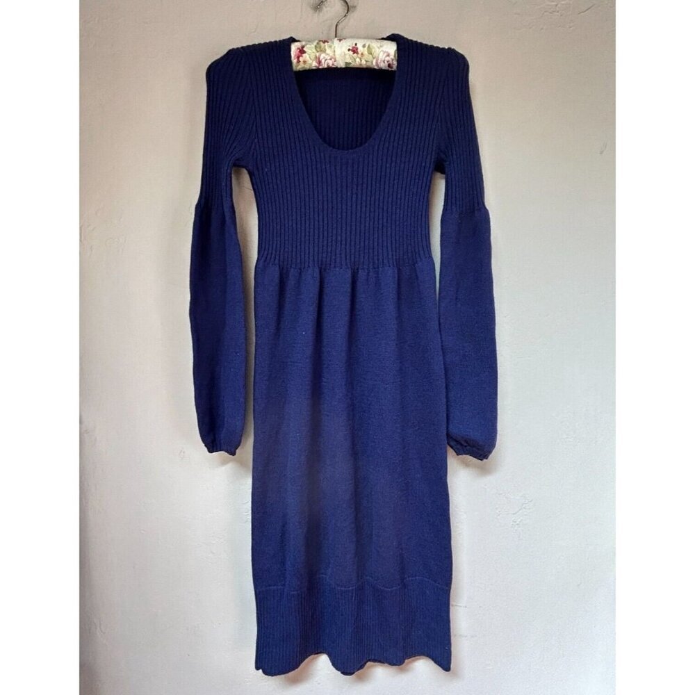J. Peterman Small Long Sleeve Ribbed Knit Sweater Dress Merino Wool Blue Midi